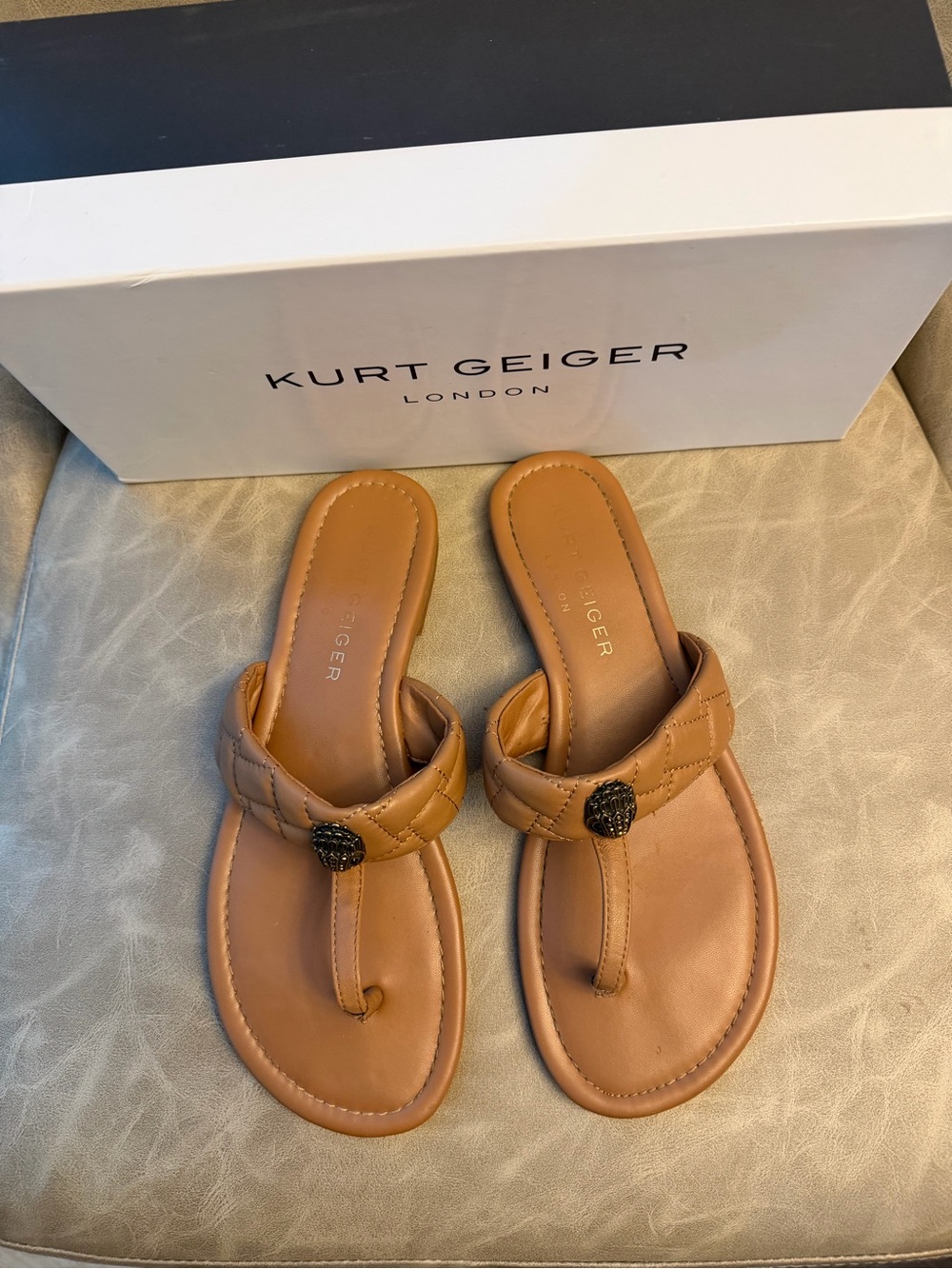 Kurt Geiger Kensington Quilted Leather T-Bar Sandals - Camel - Picture 2 of 5